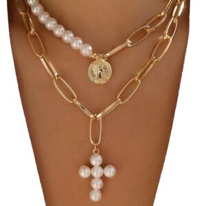 Pearl Cross Pendant Double Strand Layered Necklace